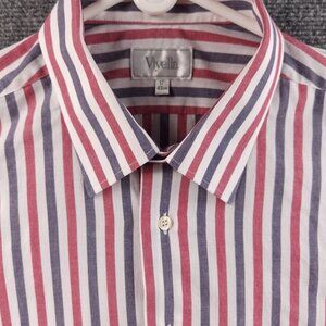 Viyella Men Long Sleeve Button Up Shirt Striped Red White Blue 17 Neck Cotton